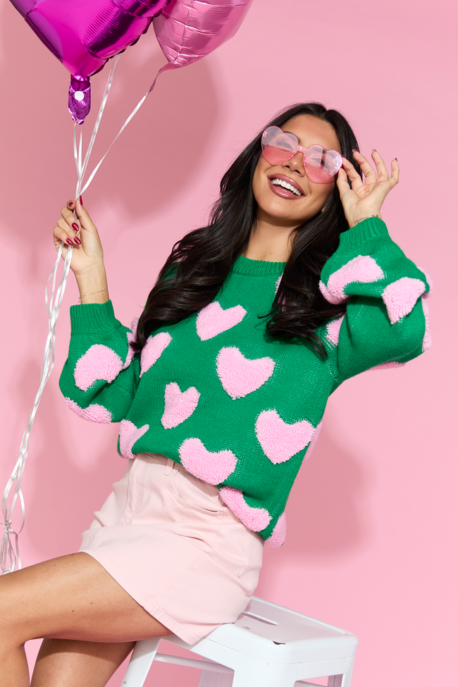 I'll Be There Green Fuzzy Heart Sweater