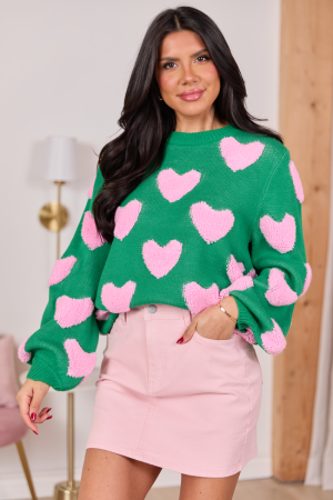I’ll Be There Green Fuzzy Heart Sweater