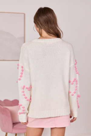 Adore You Ivory and Pink Oversized Heart Pom Sweater