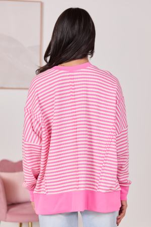 Kara Pink And White Stripe Waffle Pullover